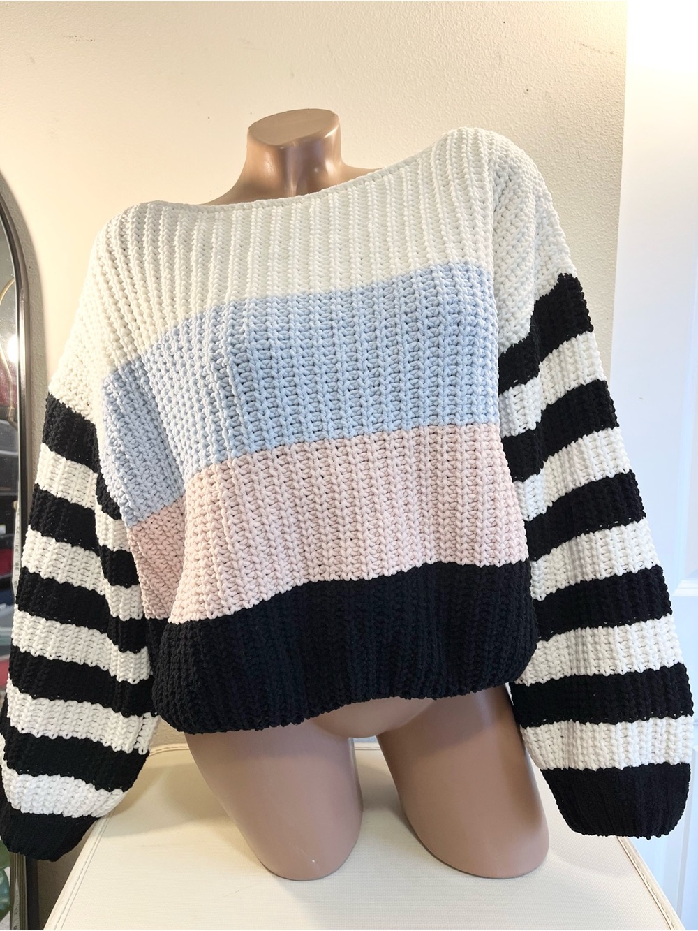Forever 21 Striped Colorblock Knit Sweater - Black, White, Light Blue & Pink